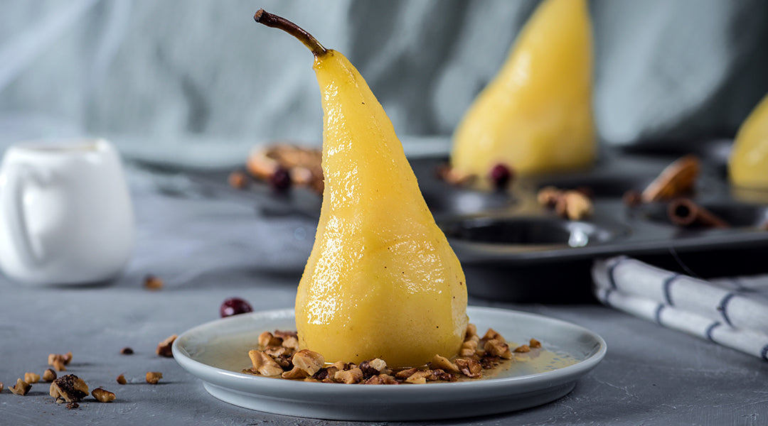 Saffron and Vanilla Poached Pears, w Chocolate Gelato